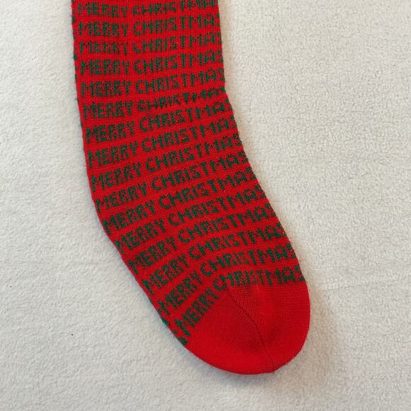 Dept 56 Knit Stocking Merry Christmas Red Green Vintage 1983 Taiwan Pom Poms - Picture 3 of 10